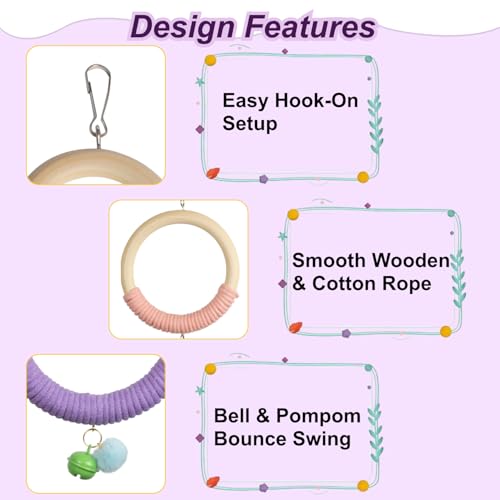 3-Ring Bird Wooden Swing with Bell Climbing Toy Chewable Cotton Rope Perch for Cage Cockatiels Budgies Parakeets Lovebirds 17 Inch