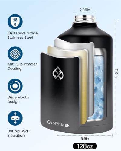 1 Gallon Water Bottle Insulated, Vacuum Stainless Steel Water Bottle Keep Cold 48Hrs, 128 oz Large Gallon Water Jug for Travel, Sport, Gym, Hiking with Carrier Bag, Black/Gray - color: Black/Gray, size: 128 Ounces