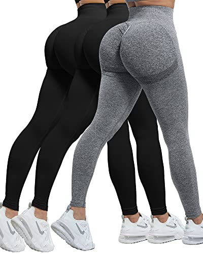 CHRLEISURE Workout Leggings Sets for Women, Gym Scrunch Butt Butt Lifting Seamless Leggings 3 Piece - color: 3 Packs - Black/Black/Gray, size: Small
