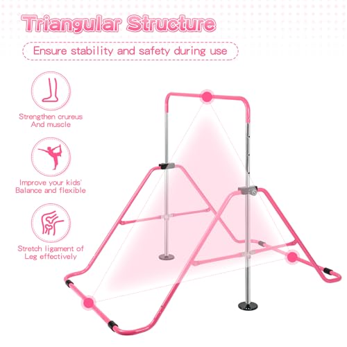 Expandable Gymnastics Bars with Ring, Adjustable Height Gymnastic Horizontal Bars, Gym Junior Training Bar Children Folding Training Monkey Bars for Kids - color: Pink