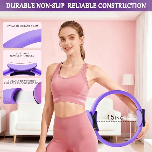 Home Pilates Kit for Women, Pilates Ring Set, Pilates Equipment Kit for Women Home Workouts, Pilates Essentials Kit with Pilates Ring and Ball, Resistance Bands for Strength, Toning, Flexibility - color: Purple-15 inch Ring