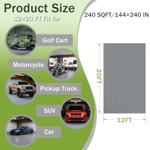 12x20 FT Gray Garage Floor Mat, 2.8mm Thickened Flooring Roll for Under Car Diamond Plate PVC Rubber Mat with 20 Pcs Tapes, Non-Slip Floor Mat for Garage, Warehouse, Gyms, Trailer - color: Gray, size: 12x20 FT