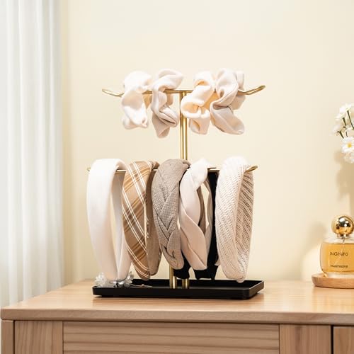 Headband Holder Organizer, 2-Tier T-bar Storage Stand with Tray for Hair Accessories Hairband Hair Clip, for Girls Women, Gold & Black - color: Black-gold