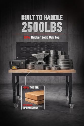 48" Heavy Duty Workbench with Storage, Adjustable Height Garage Workbench 29.9"–39.6", 1.2" Solid Wood Top Work Table, Reinforced Steel Frame, Workshop Table with Power Strip & Pegboard Option - size: 48"丨Integrated Storage
