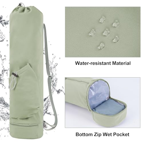 sportsnew Yoga Mat Bag with Water Bottle Pocket & Wet Pocket for Women | Yoga mat carrier fits 1/8"-3/8" yoga mats, quick-access multi-pocket organization, lightweight for gym, Pilates & studio - color: Sage Green, size: Medium