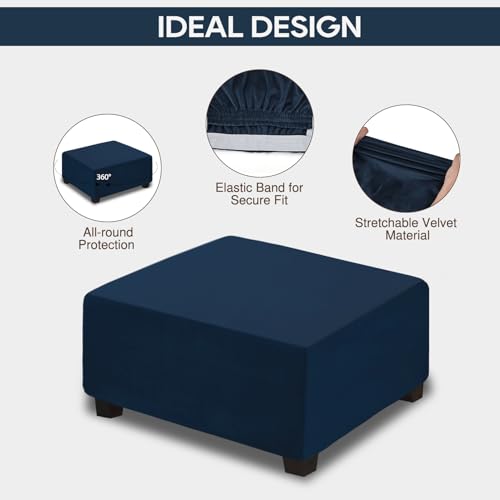 NeColorLife Velvet Square Ottoman Cover,Stretchable Footrest Stool Slipcover with Elastic Band for Rectangle and Square Storage Ottoman(Large,Navy Blue) - color: Navy Blue, size: L Length: 35"-45",Width: 31"-43"