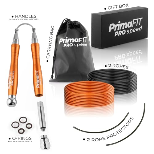 PrimaFIT Pro Speed Jump Rope for Adults, Weighted Skipping Rope for Boxing | Adjustable Jumping Rope for Fitness Workout & CrossFit Exercise, Double Unders, Handle Weights, 3m Cables 2 Protectors, Bag - color: Orange