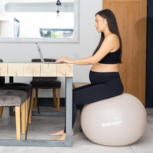 BABYGO Birthing Ball - Pregnancy Yoga Labor & Exercise Ball & Book Set Trimester Targeting, Maternity Physio, Birth & Recovery Plan Included Anti Burst Eco Friendly - color: Oatmeal, size: 65cm - Manual