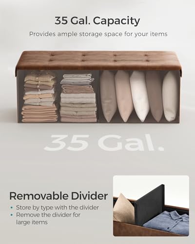 SONGMICS Mazie Collection - 43 Inches Folding Storage Ottoman Bench, Ottoman with Storage, Foot Rest Stool, Load 660 lb, Living Room, Bedroom, Entryway, Synthetic Leather, Coffee Brown ULSF070K01 - color: Coffee Brown, size: 15"D x 43"W x 15"H