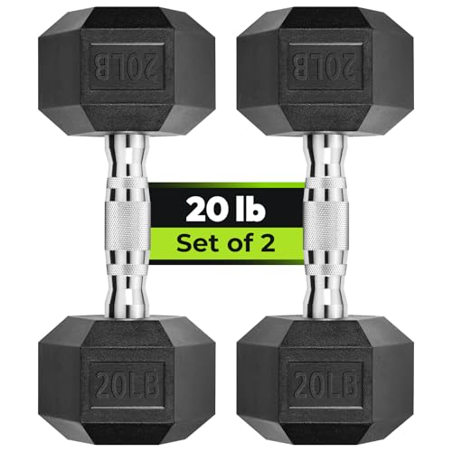 HANDBODE Hex Dumbbell Set of 2, Rubber Encased Fixed Dumbbells, 2.5-65 lb | Non-Slip Comfortable Handles, Hand Weights for Strength Training, Ideal for Home Gym Workouts - size: 20 lb, Pair, style: Chrome Handle