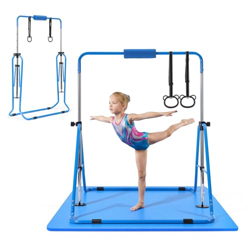 VEVOR Gymnastic Bars for Kids, 140 lbs Capacity Folding Training Kip Bar with Mat, 5 Adjustable Height Gymnastic Horizontal Bar Home, Training Equipment for Indoor Outdoor, Easy Assemble - color: Blue Mat