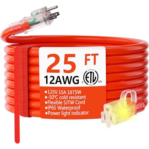 HUANCHAIN 12/3 Gauge Heavy Duty Outdoor Extension Cord 25 ft Waterproof with Lighted end, Flexible Cold-Resistant 3 Prong Electric Cord Outside, 15Amp 1875W 12AWG SJTW, Orange, ETL - color: Orange, size: 25FT