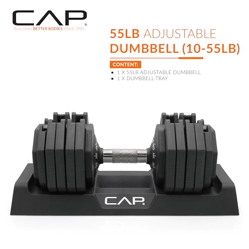 CAP ADJUSTABELL Adjustable Dumbbell Set, Premium Quick Select Adjustable Weights for Strength Training, Singles & Pairs, 12.5 LB, 25 LB & 55 LB, Round & Hex Dumbbells, Multiple Grip Handle Options - size: 55 lb - Chrome Handle, style: Single