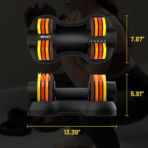 ATIVAFIT Adjustable Dumbbell Set of 2, 5–88LB Quick Dial Free Weights with Double Safety Lock, Anti-Slip Steel Handle & Storage Box, Space Saving Home Gym Equipment for Full Body Strength Training, Suitable for Home Fitness Users - color: Sunrise-25lbs