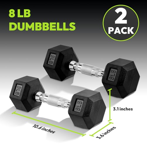 HANDBODE Hex Dumbbell Set of 2, Rubber Encased Fixed Dumbbells, 2.5-65 lb | Non-Slip Comfortable Handles, Hand Weights for Strength Training, Ideal for Home Gym Workouts - size: 8 lb, Pair, style: Chrome Handle