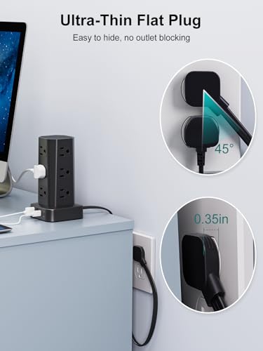 Power Strip Tower Surge Protector, 6FT Flat Plug Extension Cord with Multiple Outlets, 12 AC Outlets 4 USB (2 USB C), Desktop Charging Station with Surge Protection for Home Office Dorm Room, Black - color: Black, size: 6FT