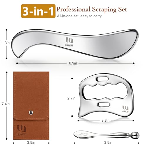 304 Stainless Steel Gua Sha Tools Set, Facial & Full Body Scraping Massage Kit | with Zinc Alloy Eye Roller, 3 Pack Ergonomic Muscle Scraper for Home Daily Self Care & Workout Recovery