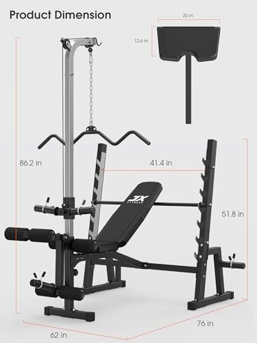 JX FITNESS Olympic Weight Bench with LAT Pulldown Pulley System and Preacher Curl Pad, Workout Bench Press Multi-Function Weight Lifting Gym/Home Gym