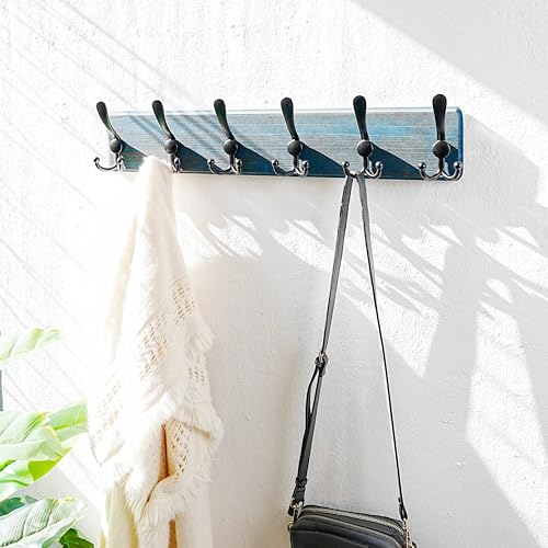 Dseap Coat Rack Wall Mounted - 24" Long 6 Tri Hooks, Heavy Duty Wooden Wall Coat Hanger Coat Hook for Clothes Hat Jacket Clothing, Weathered Blue and Black - color: Weathered Blue & Black, size: L=24"