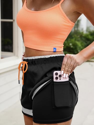 Fisoew Women Athletic Shorts 2 in 1 Running High Split Color Block Workout Yoga Mesh Shorts Pocket Drawstring - color: Black, size: Large