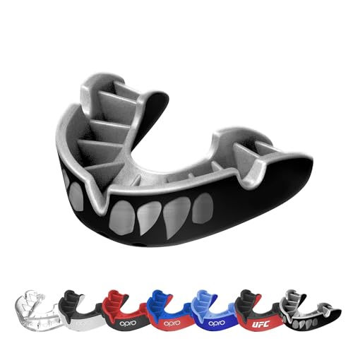 OPRO Silver Level Moldable Mouth Guard Essential Fit (Black/Silver Jaws) Adult & Kids Boxing Mouthguard for MMA & Impact Sports, Self-Fit Mouth Guard for Sports, Football, Hockey - Includes Case - color: Jawz - Black/Silver, size: Adult (Age 10+)