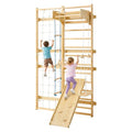 VEVOR Swedish Ladder Wall Gym, 8-in-1 12-Level Solid Wood Gymnastic Stall Bars for Kids Adults, 220LBS Indoor Jungle Gym Playset with Climbing Board, Gym Rings, Pull-Up Bar, Wall Ladder, Slide, Swing - style: 12-Level 8-in-1