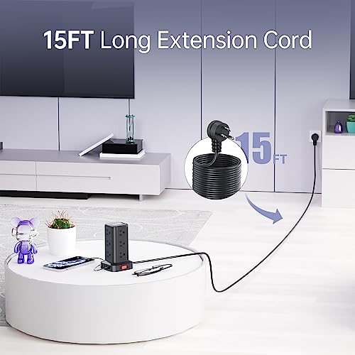 Extension Cord with Multiple Outlets, SMALLRT Power Tower, 15 FT Power Strip with USB Ports, 12 AC Outlets, Outlet Extender for Home Dorm Room Essentials, Office Supplies,Overload Protection - color: Black, size: 15 Ft without wireless charging