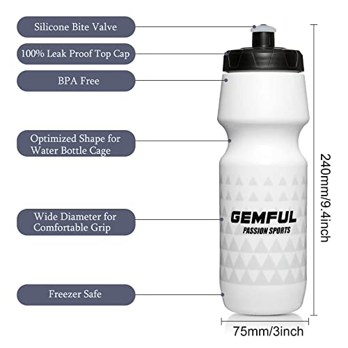 GEMFUL Bike Squeeze Water Bottle BPA Free 24 oz 2 Pack | Leakproof, Squeeze Design, Fits Standard Bike Cages, Reusable & Durable, for Cycling, Bike, MTB, Sport, Running - color: White