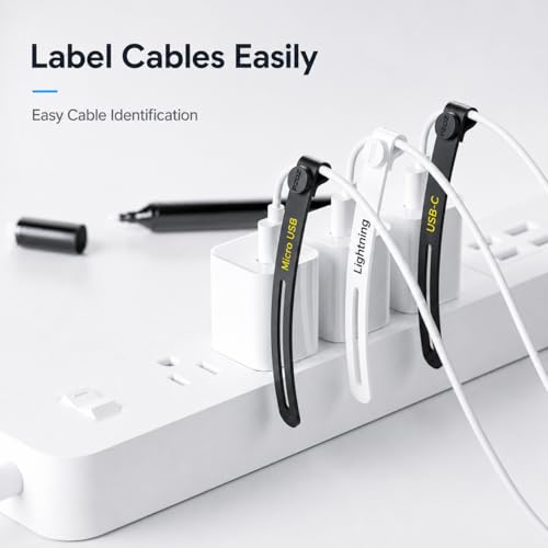 PZOZ Silicone Cable Ties 10 Pack, Reusable Cable Organizer Straps for Cords | Soft Silicone Design with Reusable Strap, Organize Charging Cables, Headphones & Power Cords for a Clean Workspace - color: Black