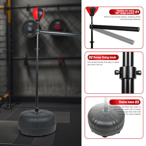 Boxing Bag with Stand, 46.4"-72.8" Height Adjustable Freestanding Spinning Bar, Boxing Reflex Bag for Home Gym & MMA Training - color: Red Black
