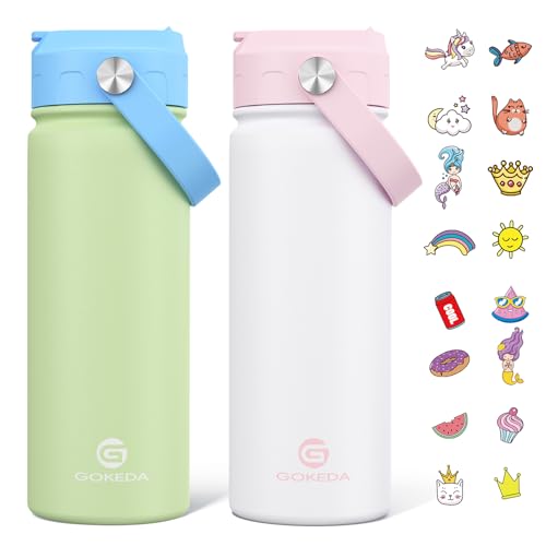 GoKEDA 18oz Kids Water Bottle, 2 Pack Insulated Bottles with Stickers, 18/8 Stainless Steel Vacuum Leak Proof Straw Cup for School, Gifts for Boys Girls(White+Green) - color: Pink White+Blue Green