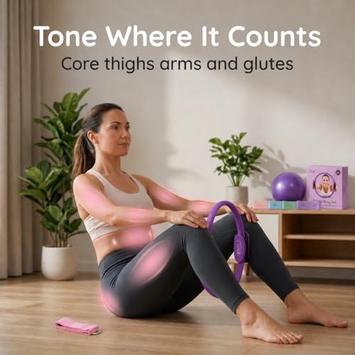 Pilates Ring and Ball Set with Video Tutorials, 10-in-1 Home Pilates Kit | Complete beginner-friendly workout kit for women to tone, strengthen and improve flexibility, balance and core at home - color: Sunset Purple