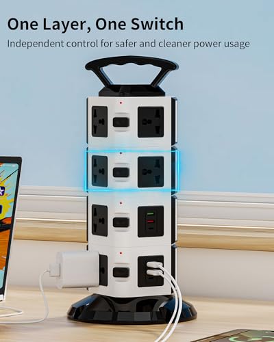 Power Strip Tower with 14 Outlets, 4 USB-A & 2 USB-C Ports, 1875W/15A Heavy Duty Charging Station for Multiple Devices, Plug Tower with 6ft Extension Cord, for Home, Office, Dorm - size: 4-Tier