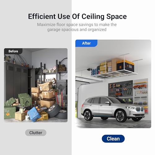 FLEXIMOUNTS 4x8 Overhead Garage Storage Rack, Adjustable Organization System, Heavy-Duty Metal Ceiling Racks, 750lbs Weight Capacity, White, Classic Series - color: White, size: 4x8 ft