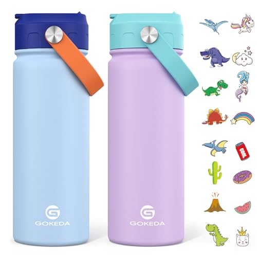 GoKEDA 18oz Kids Water Bottle, 2 Pack Insulated Bottles with Stickers, 18/8 Stainless Steel Vacuum Leak Proof Straw Cup for School, Gifts for Girls(Light Blue, Purple) - color: Light Blue+Purple