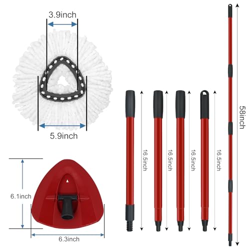 Mop Replace Heads Mop Handle and Base Replacement for O Cedar EasyWring 1-Tank Spin Mop System, 2 Microfiber Mops Refills, 4-Section Iron Mop Handle 30-58Inch and 1 Mopping Heads Cover Set (No Bucket) - color: 1 Sets Mop Handle + 2 White Heads + 1 Base