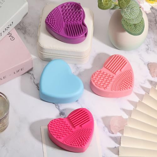 FREEBLOSS 4PCS Quilter Mat Cleaning Pad Heart Shaped Makeup Brush Cleaning Pad for Brushes, Silicone Cleaner Pads Rose Pink, Blue, Pink, Purple 3.2" x 3" x 1"