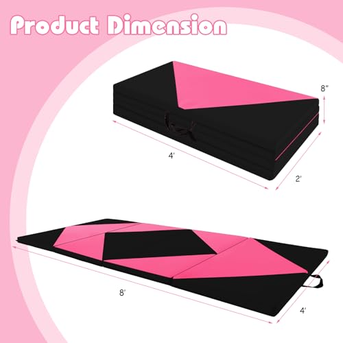 Goplus Gymnastics Mat, Folding Tumbling Mat with Carry Handles, Hook & Loop Fasteners, 4 Panels for Fitness Exercise Yoga Stretching Aerobics Workouts, Thick Gym Mats for Home - color: Rose&Black