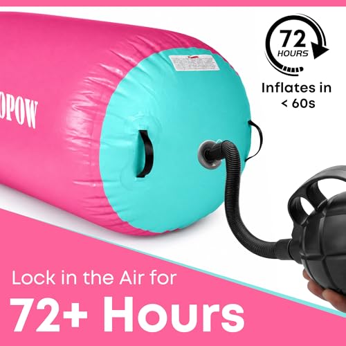 Inflatable Gymnastics Air Barrel Roller with Electric Pump, Heavy Duty PVC Tumbling Barrel Back Handspring Trainer, Air Tumble Track Mat for Home Gym, Cheerleading, Yoga Practice - color: Pink & Green, size: 3.3'L x 2.6'D