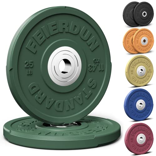 FEIERDUN Color Bumper Plate Set, 2-Inch Olympic Weight Plates, Low Bounce Rubber Barbell Plates with Stainless Steel Insert for Weightlifting, Strength Training, CrossFit & Home Gym, 10LB-370LB - style: C) 25LBS Pair