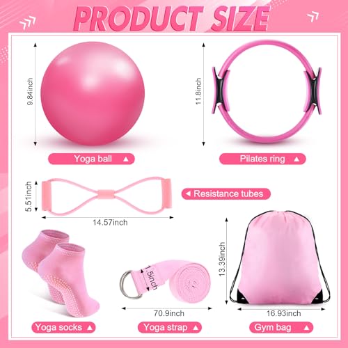 Poen 18 Pcs Home Pilates Kit for Women Pilates Ball and Ring Circle Set Yoga Fitness Essential with 5 Resistance Band Stretching Strap Non Slip Sock Ball Core Slider Wristband Headband Gym Bag - color: Pink