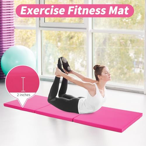 BLKMTY Gymnastics Mats - 2'x6' Folding Exercise & Yoga Mat with Carrying Handles for Kids' Tumbling & Home Gym - color: Pink