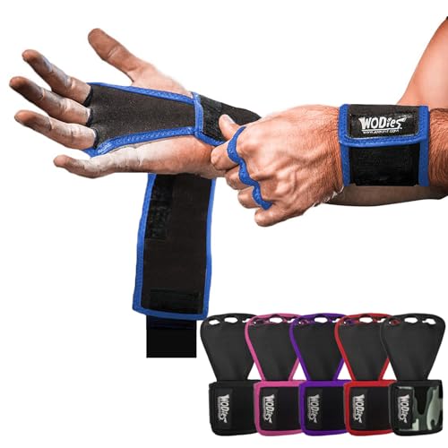 JerkFit WODies Gymnastics & Weightlifting Grips with Wrist Wraps – 3 Hole Versatile Gym Gloves for Pull Ups, Gym Training & Cross Training – Hand Grips Palm Protector for Men & Women - color: Royal Blue, size: Medium 3.5”- 4”