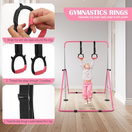 YEEGO DIRECT Gymnastics Bar for Girls Boys (A-G-E-S 3-10) with Rings, Folding Gymnastics Bars Horizontal Bar, Expandable for Home Training Gifts for Girls Boys - color: Pink & Black