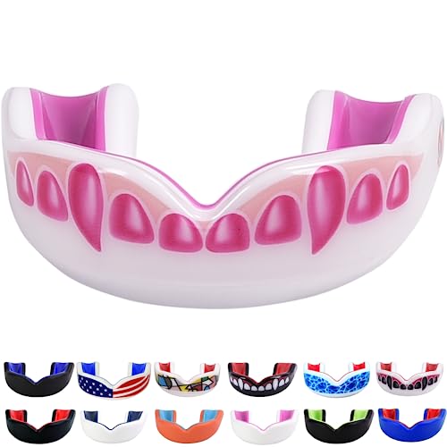 Oral Mart Youth Sports Mouth Guard for Kids (USA Flag, Fangs, 20+ Colors to Choose from) Mouthguard for Football, MMA, Karate, Boxing, Rugby, BJJ, Flag Football – /w Case (Youth, Strapless) - color: Pinky Fangs