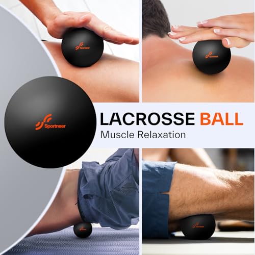 Sportneer 4 in 1 Pilates Foam Roller Muscle Relax Kit | with 2 Textured Foam Rollers Stringed Exercise Ball, Lacrosse Ball for Muscle Shoulder Back Leg Whole Body Relax Fitness Yoga - color: Black
