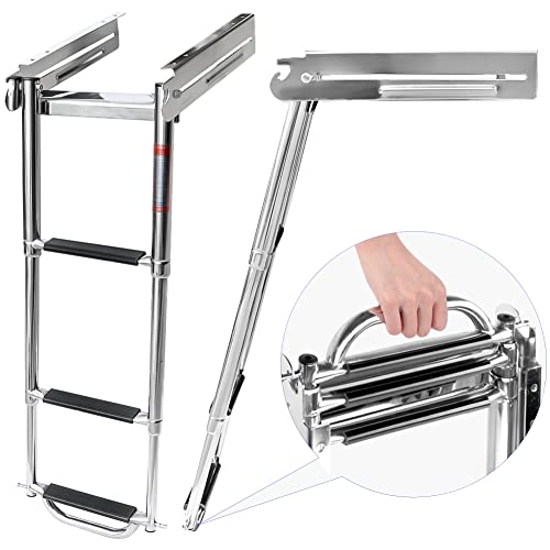 3-4 Step Ladder Under Platform Slide Mount Boat Boarding Ladder, Telescoping Ladder with a Carry Handle and Mounting Screws, Press-Type Spring Latch (3 Steps)