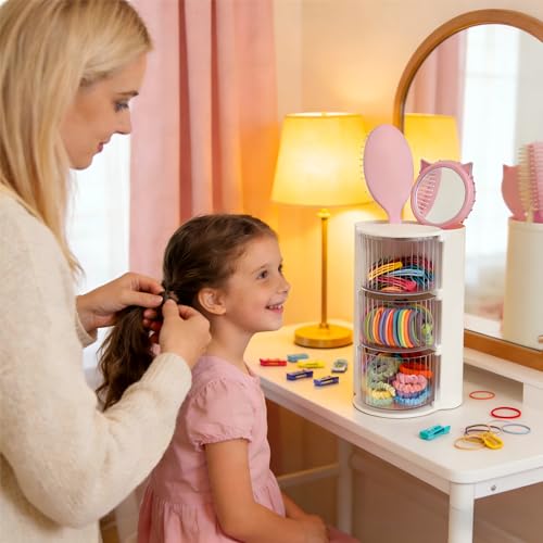 Hair Accessories Organizer with Hair Brush Holder, Rotatable Makeup Brush Holder for Necklaces, Earring, Bracelet, Ring, Makeup Brushes, Hair Clip and Hair Accessories (Stripe White, 3-Layer) - color: Stripe White, size: 3-Layer
