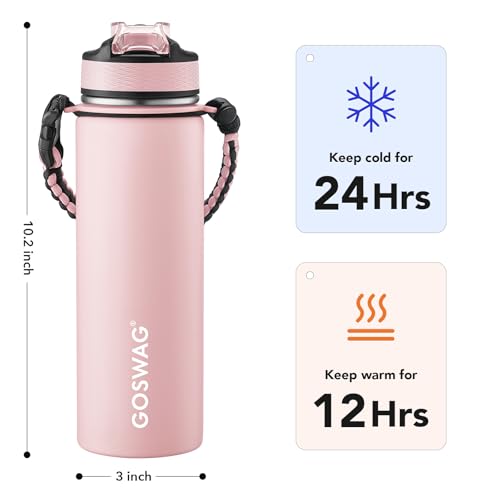 GOSWAG 24oz Insulated Stainless Steel Travel Water Bottle, 2 Lids | with straw and no straw, Paracord handle, Double-wall vacuum keeps drinks cold or hot, Leakproof tumbler - color: Matte Pink