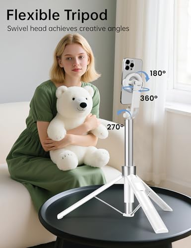 70" Magnetic Tripod for iPhone Magsafe, Extendable Selfie Stick Tripod with Rechargeable Remote & Magnetic Holder, 360° Rotatable Cell Phone Tripods Stand for Video Recording & Content Creation - color: White, size: 70 inch